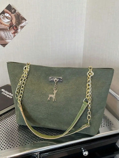 Soft Faux Suede Chain Strap Shoulder Tote Bag with Relaxed Silhouette