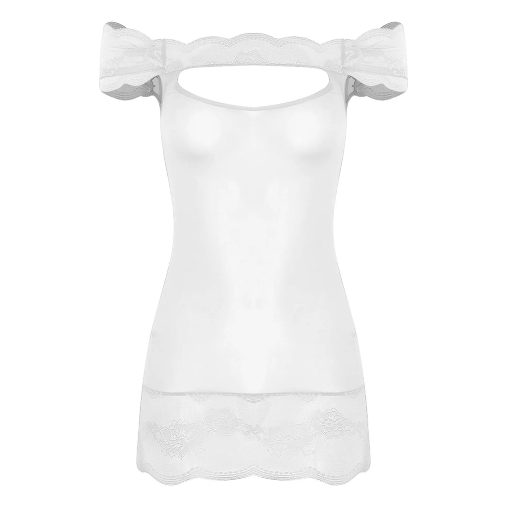 Vibrant Red Off-the-Shoulder Chemise with Chest Cutout and Lace Trim