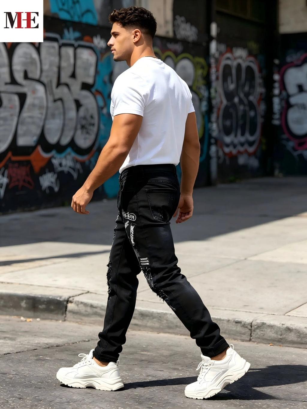 Men's Slim Straight Distressed Denim Jeans with Graphic Patch Streetwear Styling