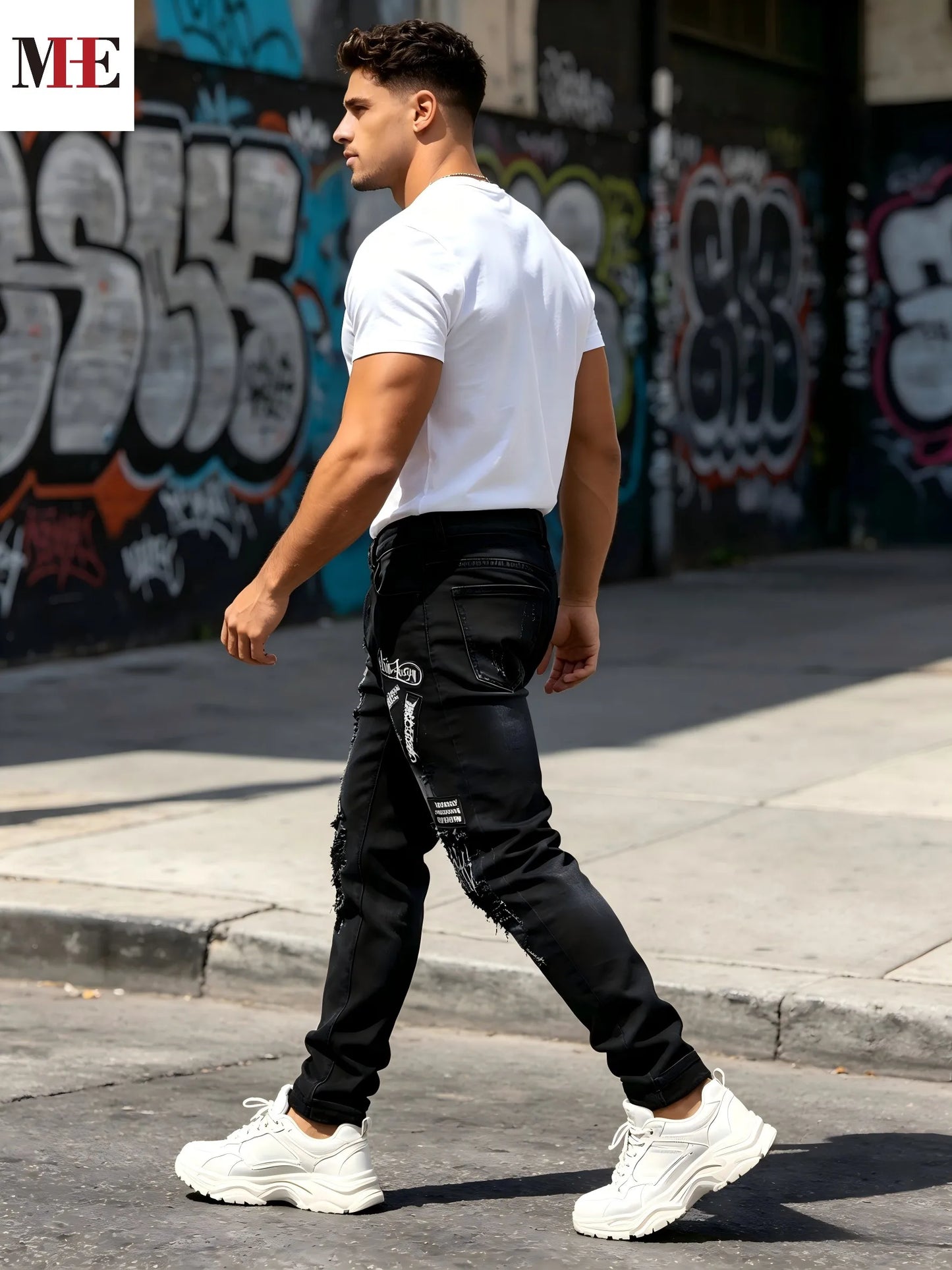 Men's Slim Straight Distressed Denim Jeans with Graphic Patch Streetwear Styling