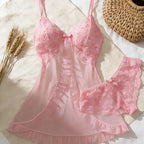 Deep Red Satin-Finish Chemise with Lace Neckline and Matching Ruffled Panty