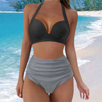 Floral Print Halter Tankini Bikini Set with High-Waisted Bottom, Ruched Front and Conservative Two-Piece Swimwear Silhouette