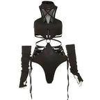 Harness Cutout Mock Neck Bodysuit with Arm Sleeves Alternative Fashion Style