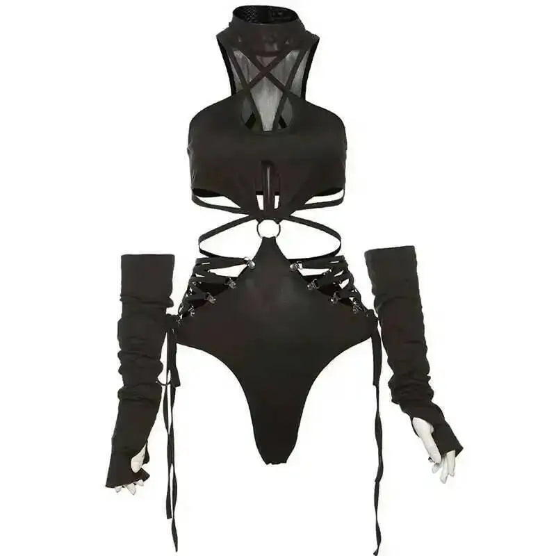 Harness Cutout Mock Neck Bodysuit with Arm Sleeves Alternative Fashion Style