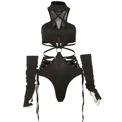 Harness Cutout Mock Neck Bodysuit with Arm Sleeves Alternative Fashion Style
