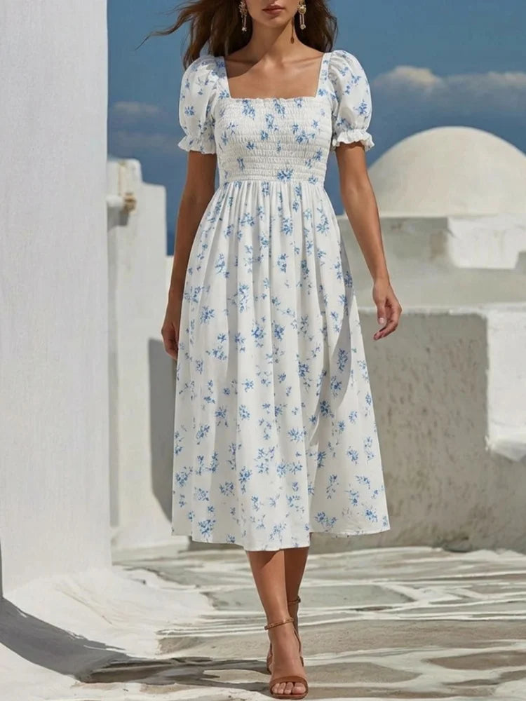 Blue Floral Print Smocked Midi Dress with Square Neckline and Puff Sleeves