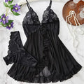 Midnight Blue Lace-Bodice Chemise Set with Playful Ruffled Hem