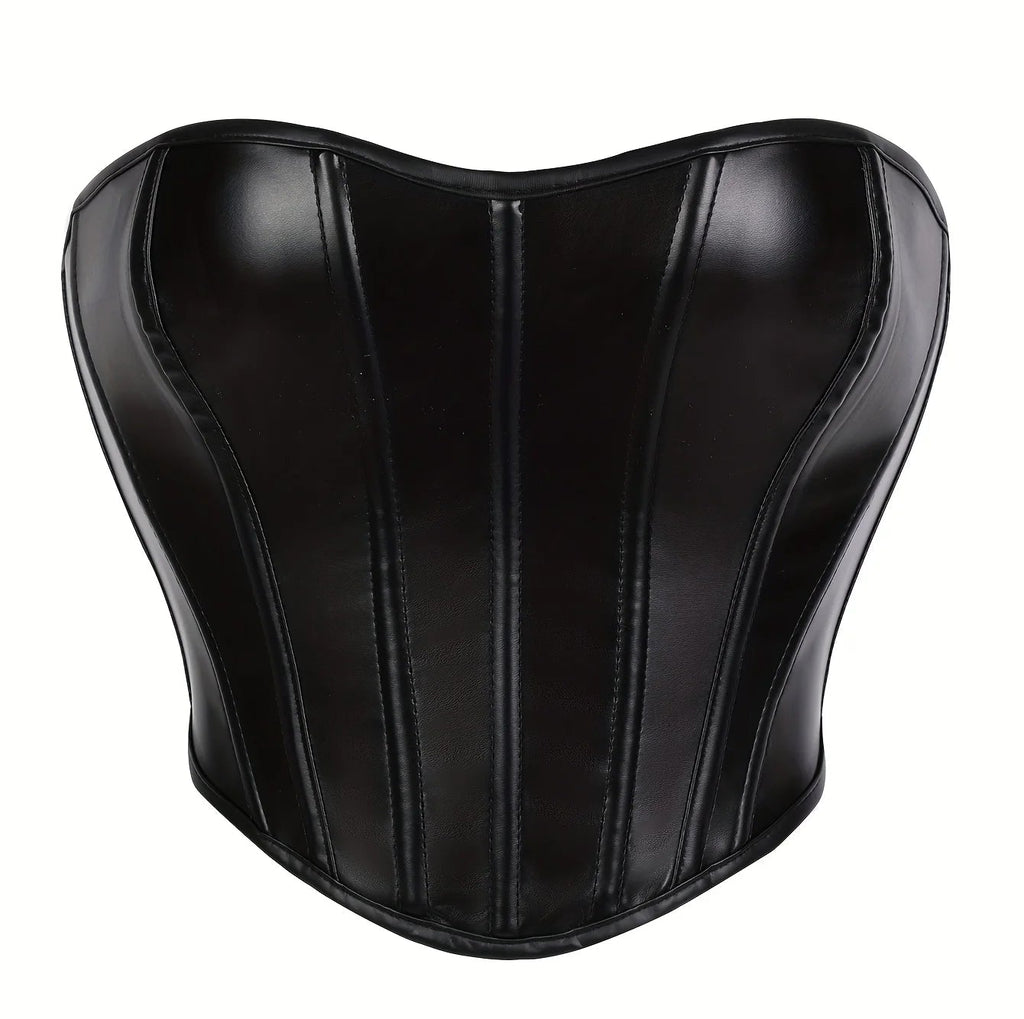 Strapless Faux Leather Corset Top with Structured Paneling and Sculpted Fit