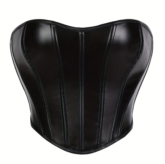 Strapless Faux Leather Corset Top with Structured Paneling and Sculpted Fit