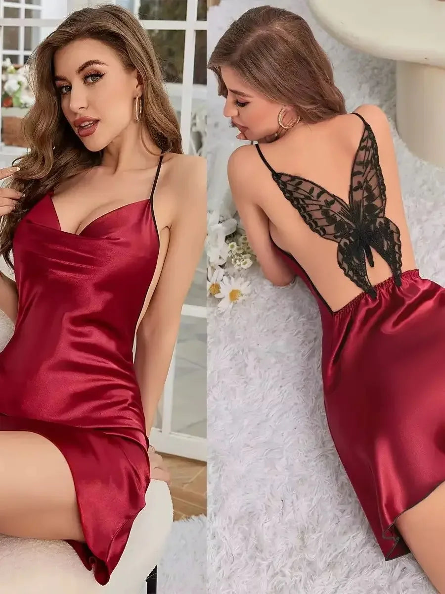 Black Satin-Look Slip Nightgown with V-Neckline, Spaghetti Straps, Lace Back Detail and Split Hem Mini Silhouette