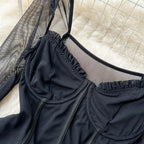 Sheer Mesh Long Sleeve V Neck Bodysuit for Gothic Alternative Styling