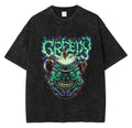 Anime Goth Demon Mask Oversized Graphic Streetwear T-Shirt with Vintage Wash Finish