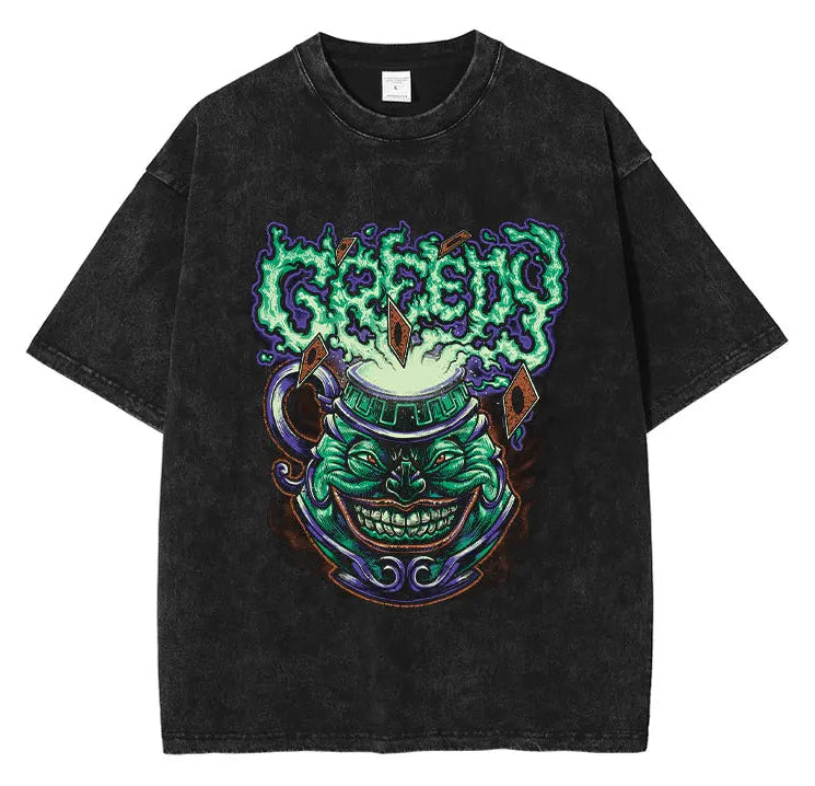 Anime Goth Demon Mask Oversized Graphic Streetwear T-Shirt with Vintage Wash Finish
