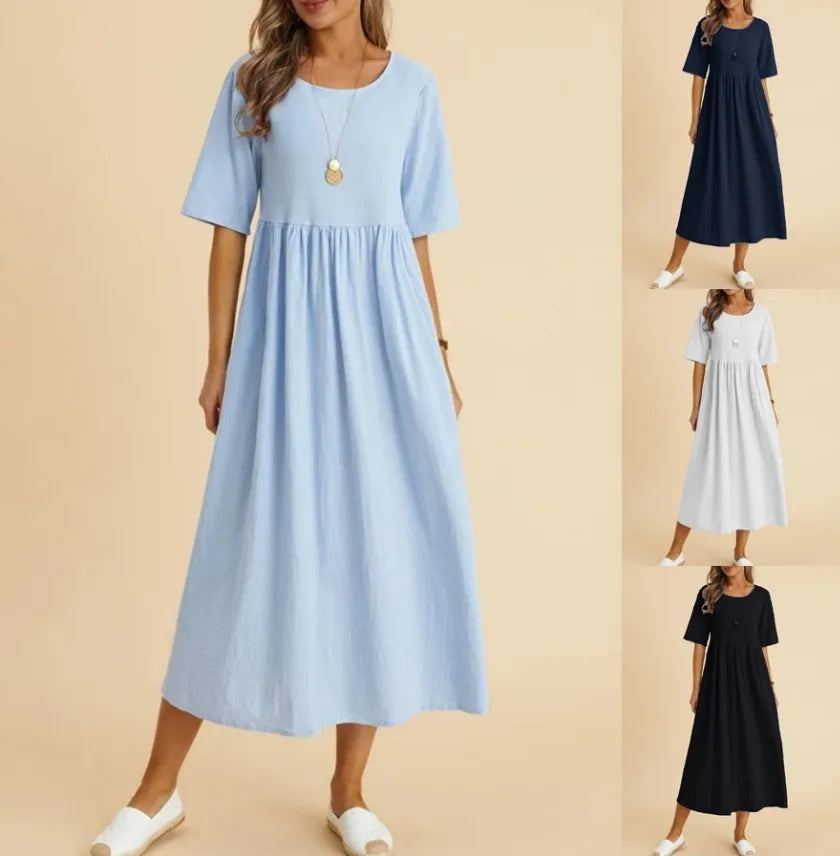 Relaxed A-Line Midi Dress with Short Sleeves and Flowy Everyday Fit