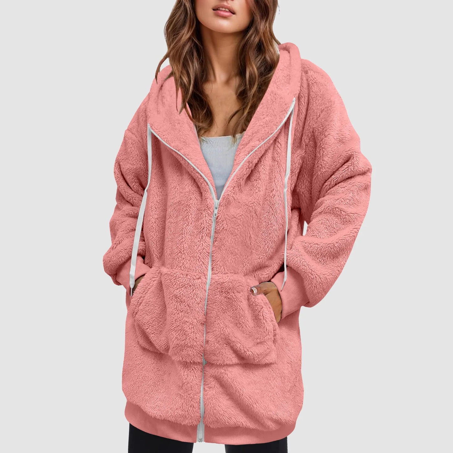 Women's Oversized Hooded Plush Fleece Zip Jacket for Cozy Streetwear Layering
