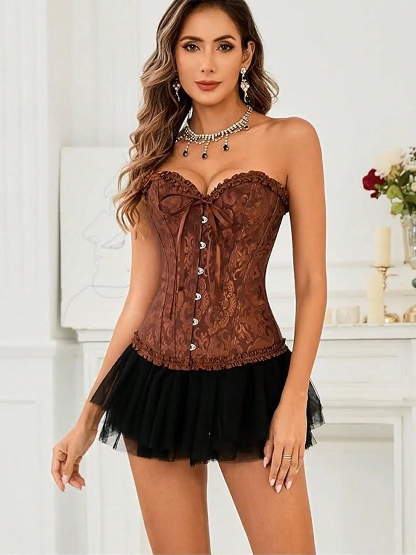 Vintage-Inspired Floral Overbust Corset with Structured Boning and Lace-Up Front