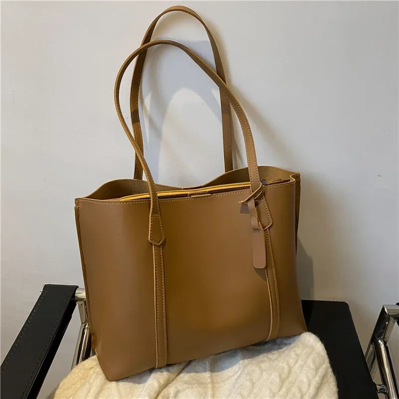 Minimal Structured Faux Leather Tote Shoulder Bag with Large Capacity