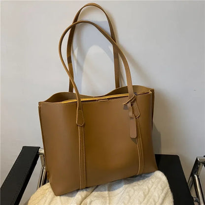 Minimal Structured Faux Leather Tote Shoulder Bag with Large Capacity