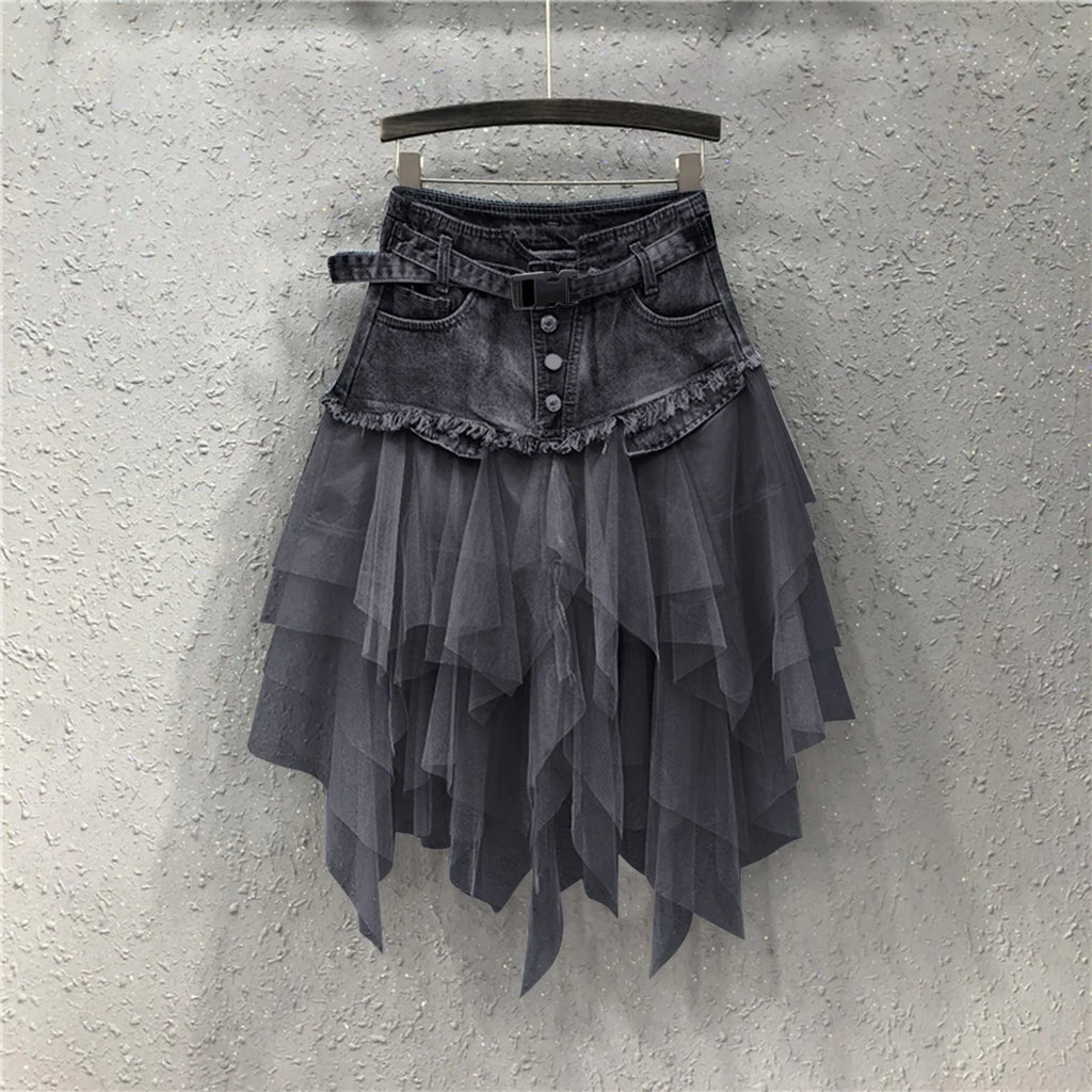 Denim Layered Mesh Asymmetrical Mini Skirt High Waist Alternative Fashion Bottom