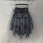 Denim Layered Mesh Asymmetrical Mini Skirt High Waist Alternative Fashion Bottom