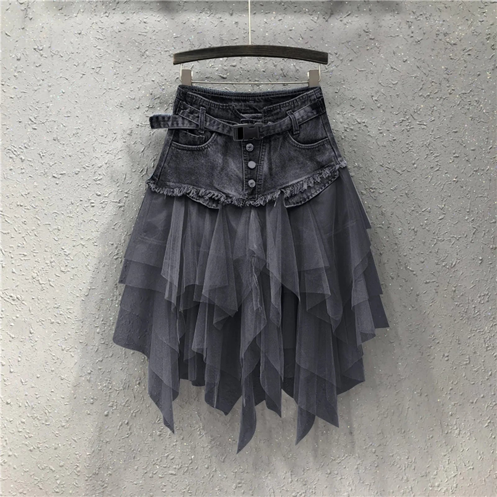 Denim Layered Mesh Asymmetrical Mini Skirt High Waist Alternative Fashion Bottom