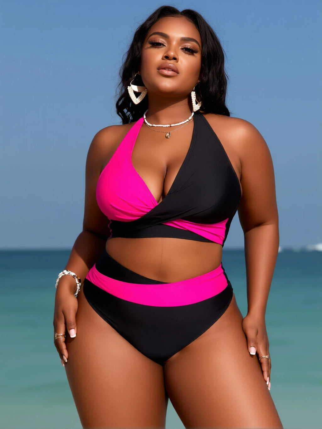 Black and Neon Pink Colorblock Two-Piece Bikini Set with Criss-Cross Halter Top and High-Waisted Contrast Bottom