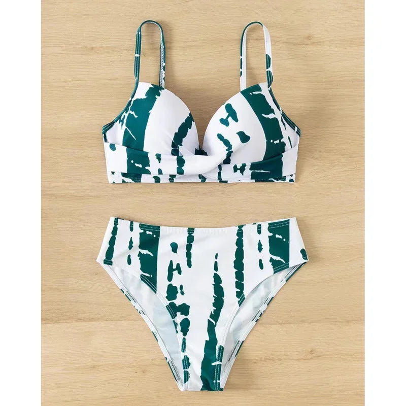 Teal and White Abstract Print Underwire Bikini Set