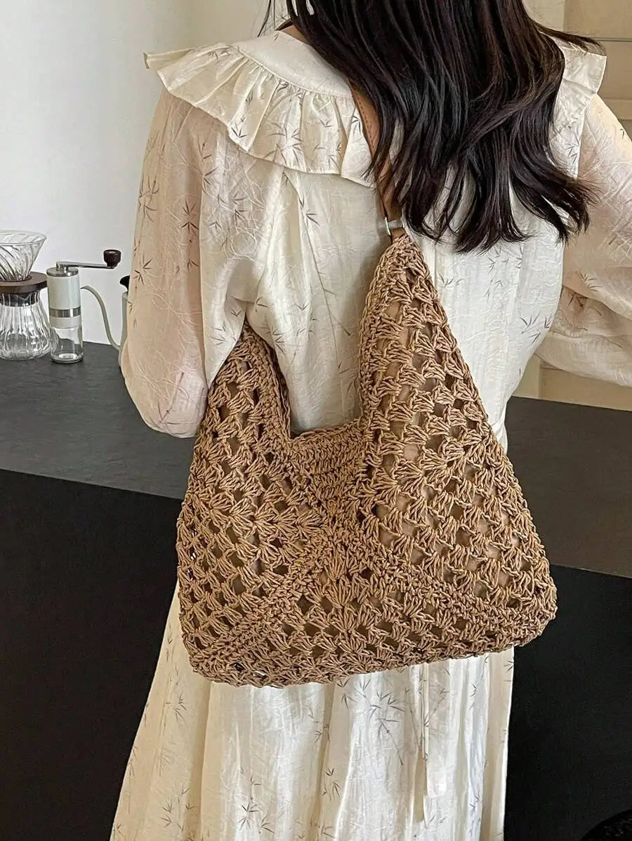 Handwoven Straw Tote Shoulder Bag with Open Relaxed Silhouette