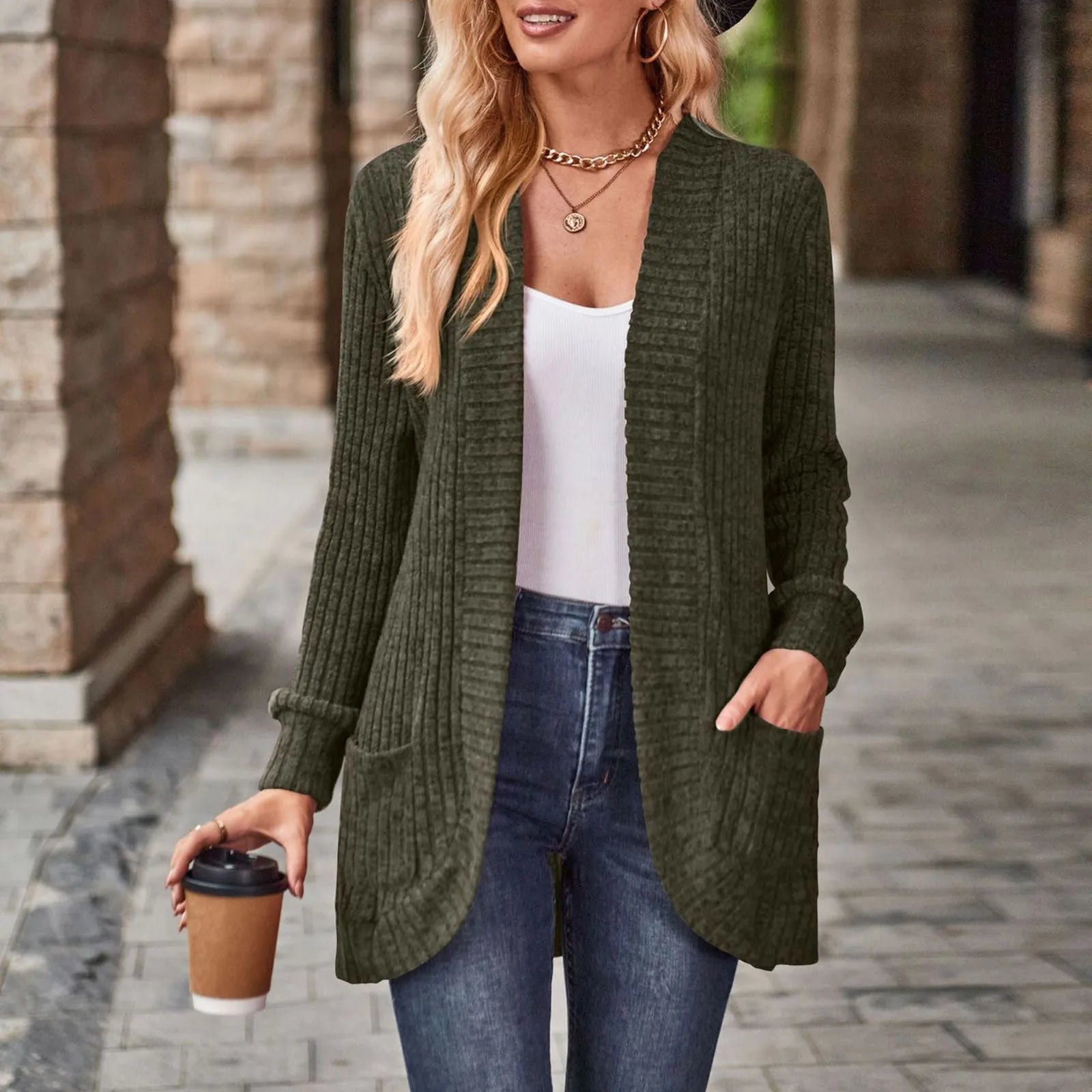 Women's Open Front Crochet Knit Cardigan with Relaxed Long Sleeve Silhouette