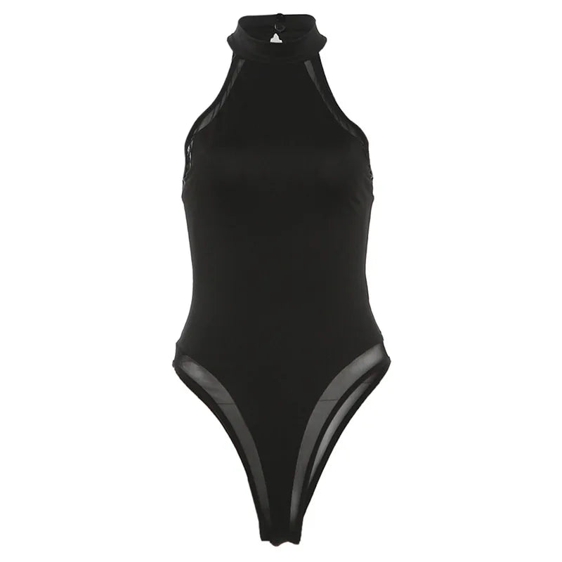 Halter Neck Mesh Panel Bodycon Bodysuit for Alternative Gothic Styling