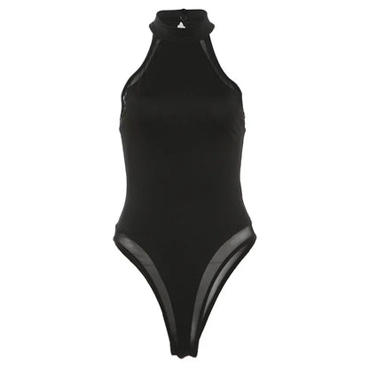 Halter Neck Mesh Panel Bodycon Bodysuit for Alternative Gothic Styling
