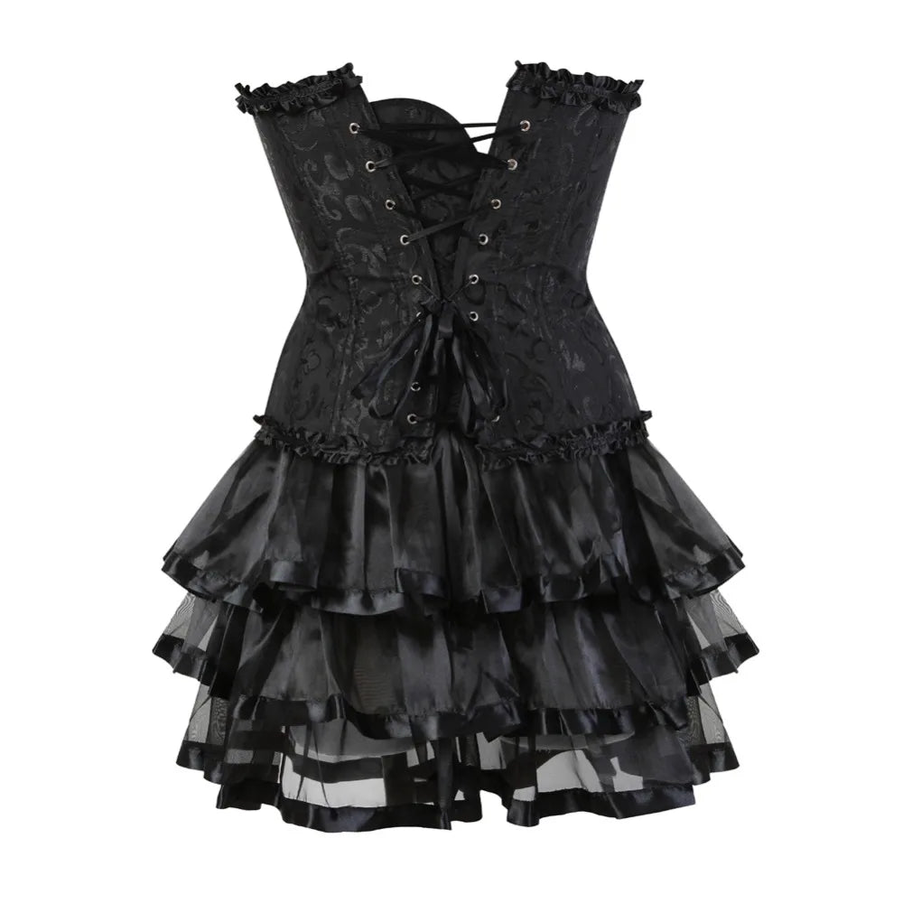 Black Floral Brocade Overbust Corset and Tiered Ruffle Skirt Set