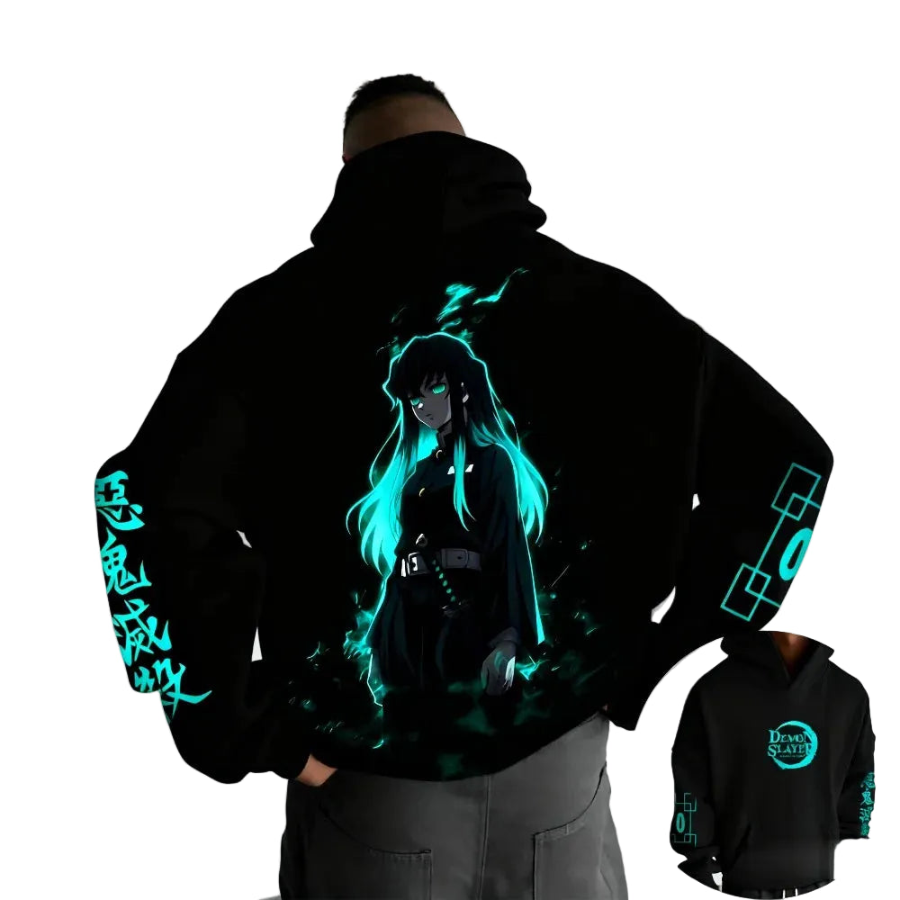 Dark Anime Cyber Streetwear Hoodie with Manga-Inspired Neon Character Artwork