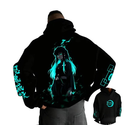 Dark Anime Cyber Streetwear Hoodie with Manga-Inspired Neon Character Artwork