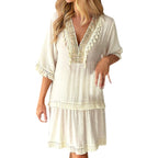 Embroidered V Neck Tiered Mini Dress with Relaxed Contemporary Shape