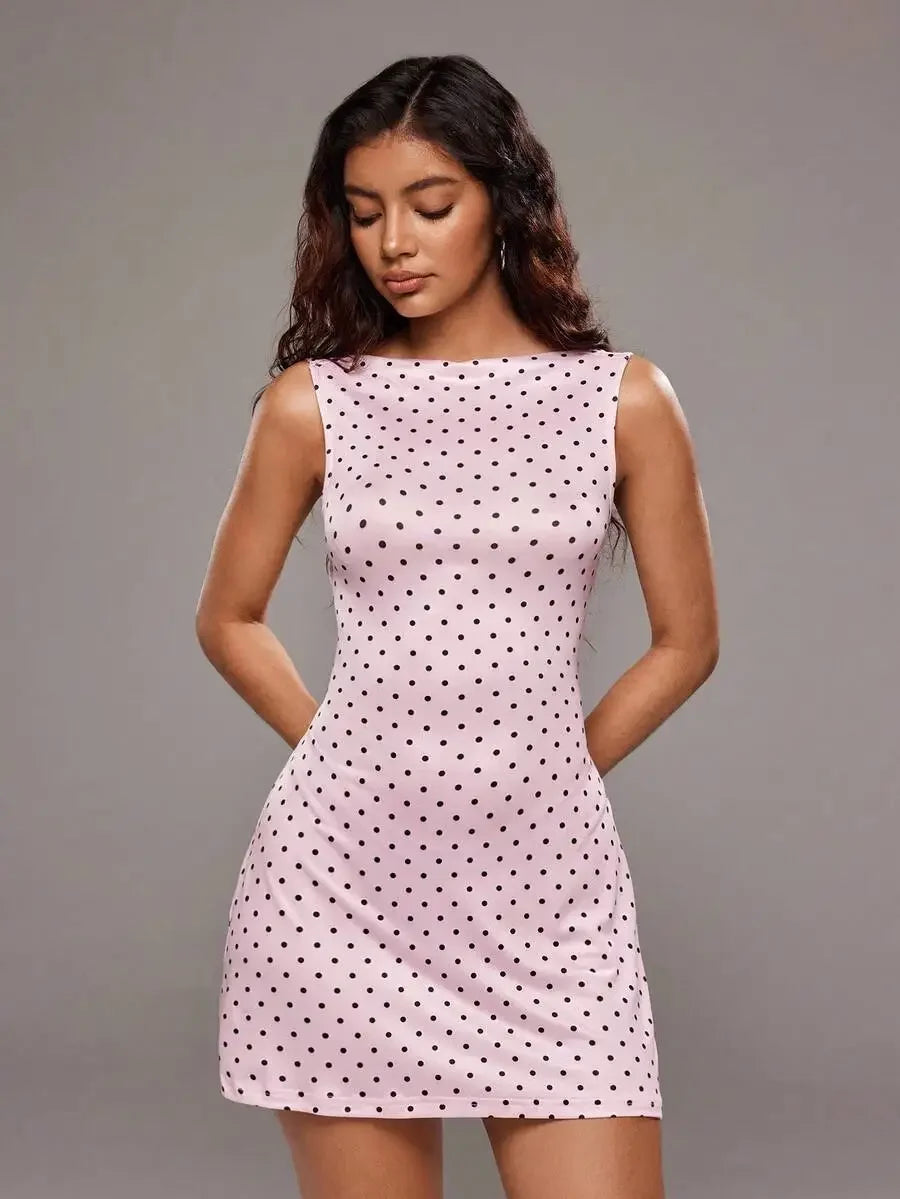 Back Tie A-Line Mini Dress with Open Back and Polka Dot Detail