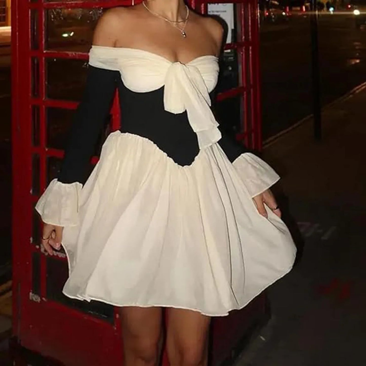 Off Shoulder Pleated Mini Dress with Flare Sleeves and Statement Silhouette