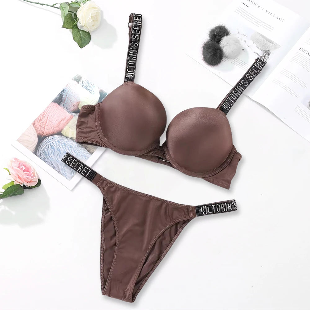 Sleek Minimalist Contour Underwire Bra and Thong Set with Crystal-Embellished Straps