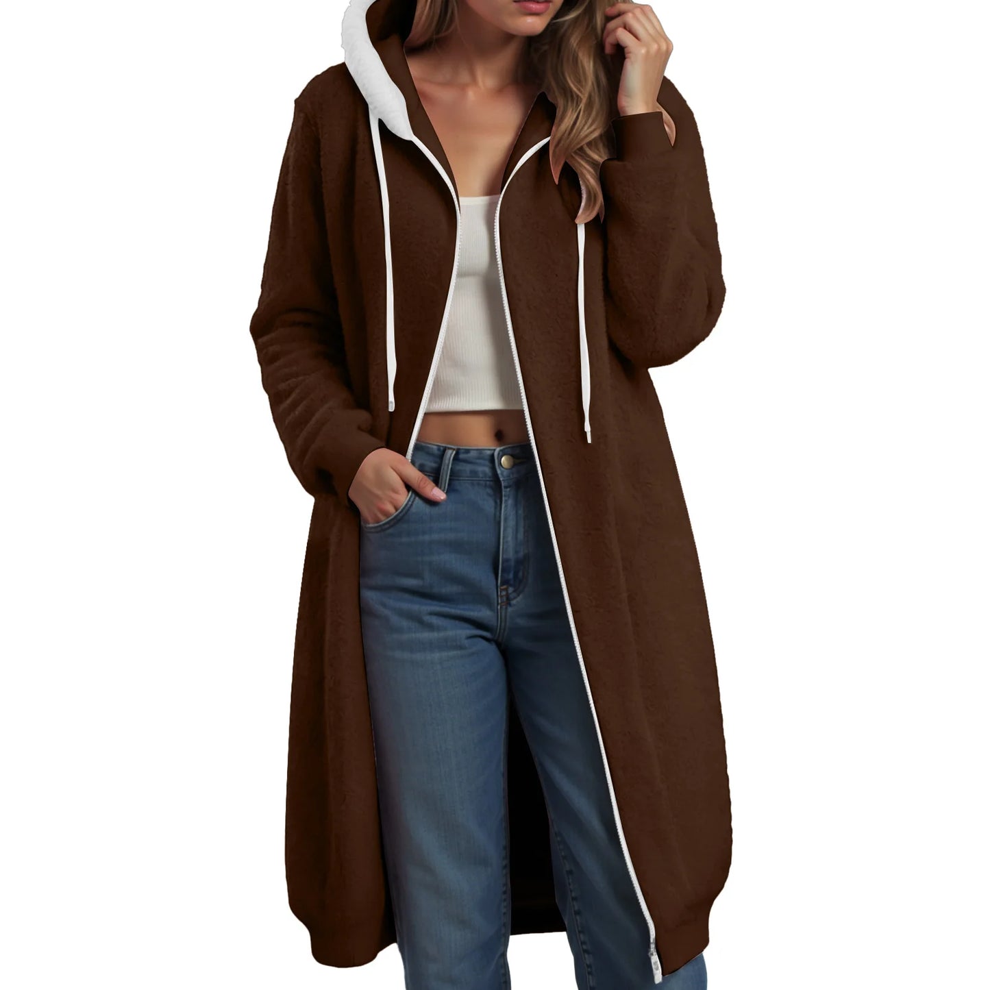 Longline Plush Fleece Hooded Jacket with Relaxed Streetwear Layering Fit