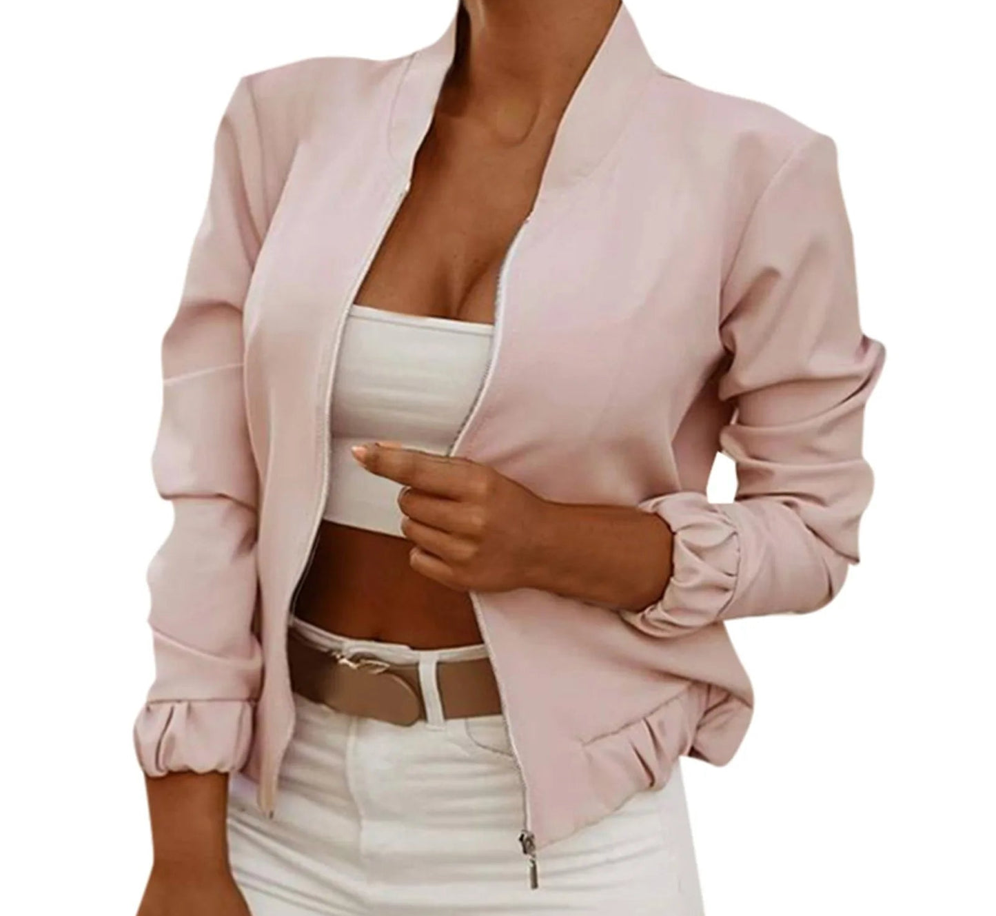 Women's Minimalist Zip-Up Bomber Jacket with Stand Collar Contemporary Casual Streetwear Style