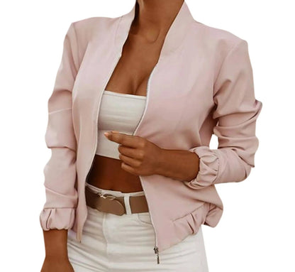 Women's Minimalist Zip-Up Bomber Jacket with Stand Collar Contemporary Casual Streetwear Style