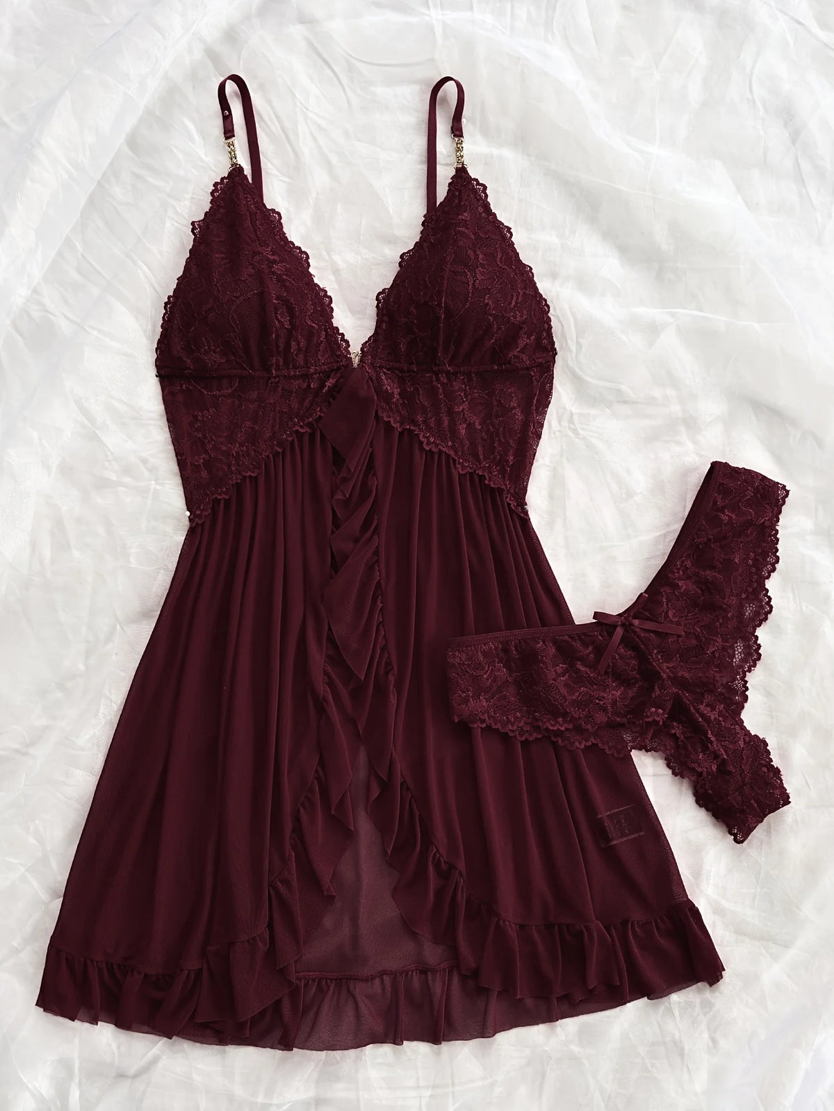 Lace Camisole and Shorts Pajama Set with V-Neckline, Bow Detail, Delicate Lace Trim and Ruffled Hem