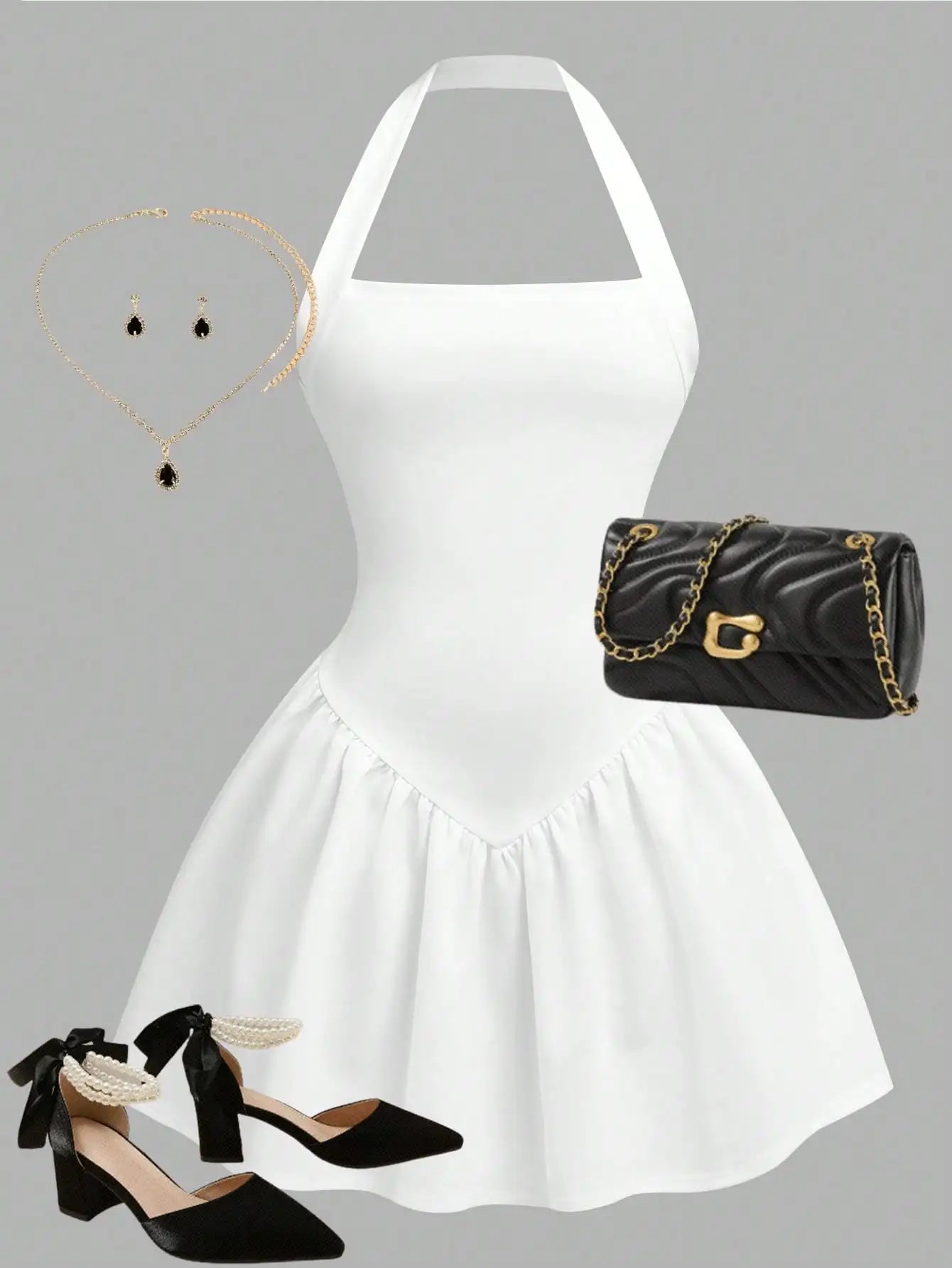 Halter Neck A-Line Mini Dress with Gathered Waist and Flared Hem