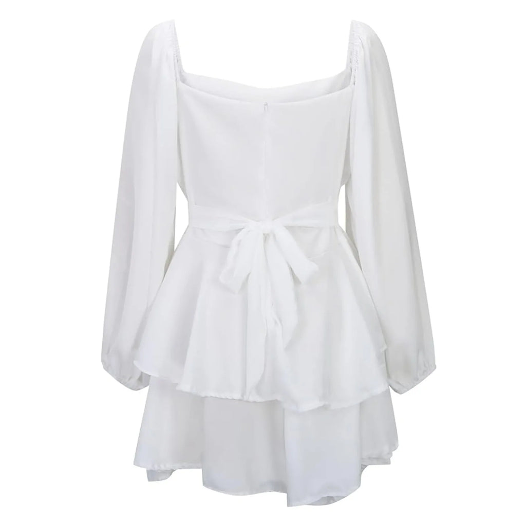 Romantic White Chiffon-Style Mini Dress with Billowing Sleeves and Tiered Ruffles