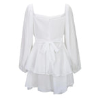 Romantic White Chiffon-Style Mini Dress with Billowing Sleeves and Tiered Ruffles