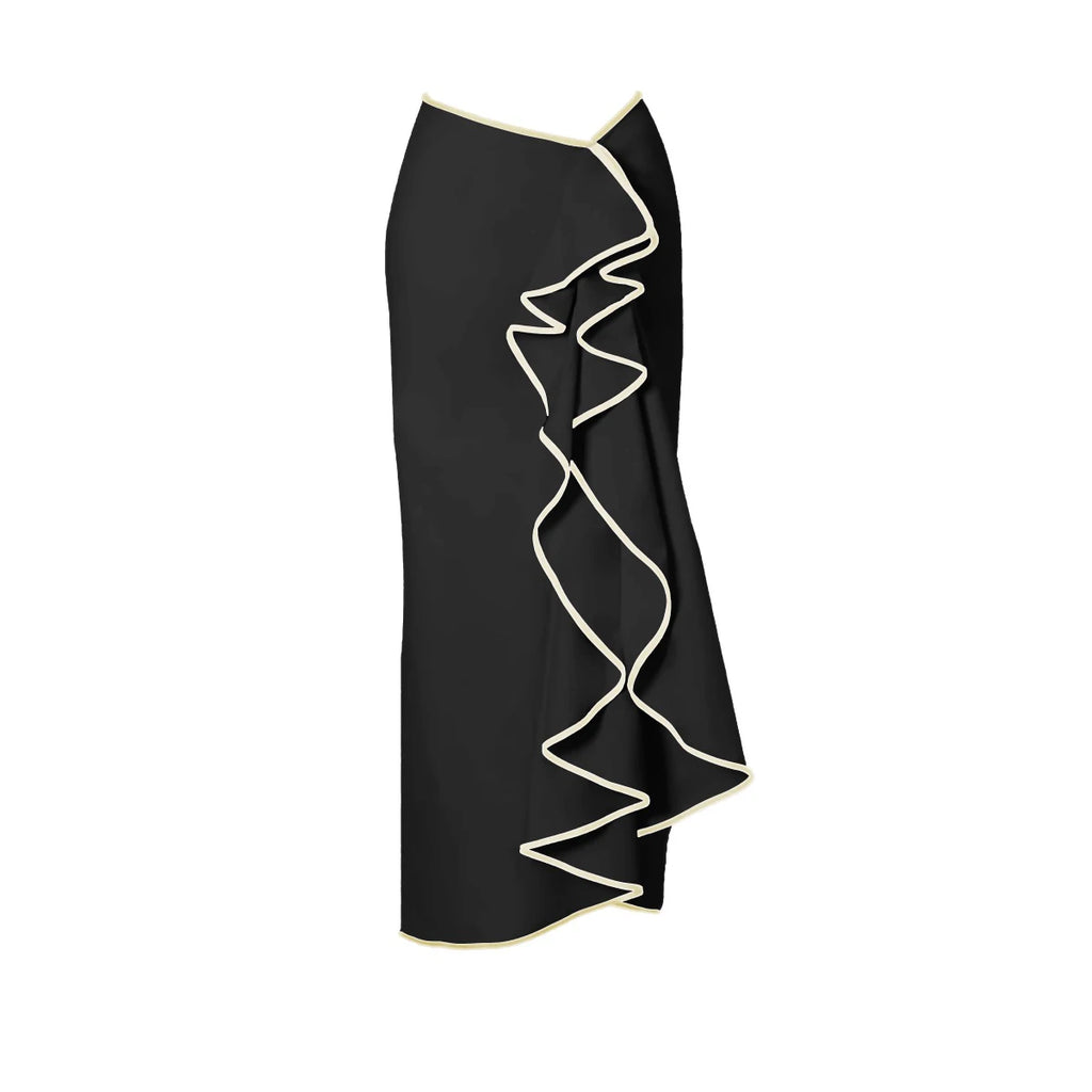 Cream and Black Contrast-Trim Triangle Bikini with Matching Maxi Skirt