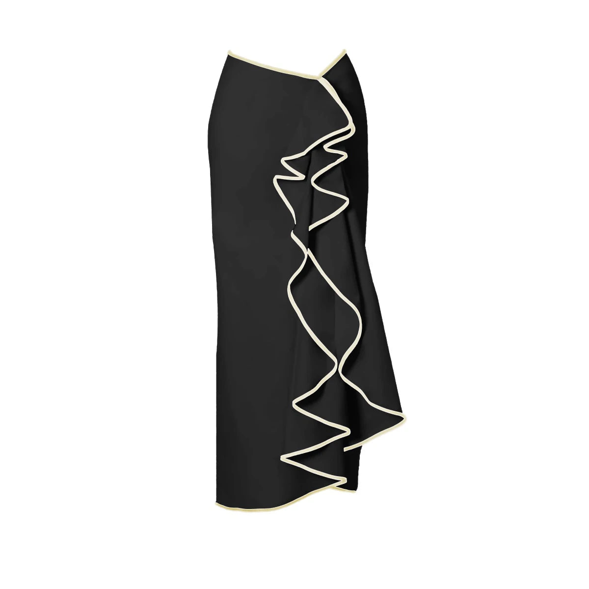 Cream and Black Contrast-Trim Triangle Bikini with Matching Maxi Skirt