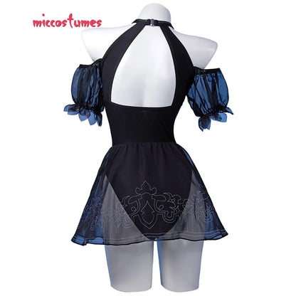 Women's Halter Backless One-Piece Swimsuit with Sheer Puff Sleeves and Mesh Overlay