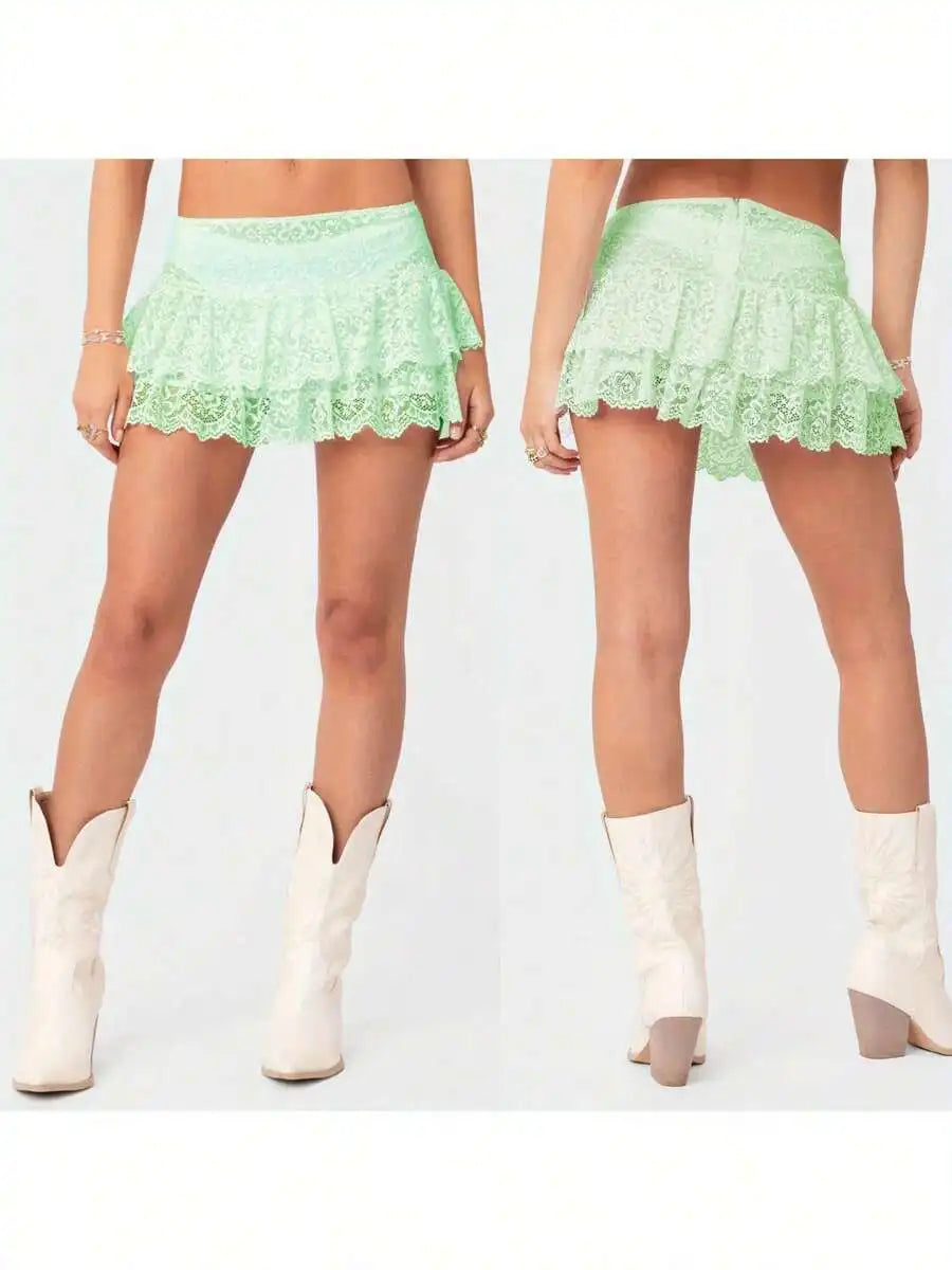 Lace Ruffle Hem Mini Skirt with Layered Feminine Street Style
