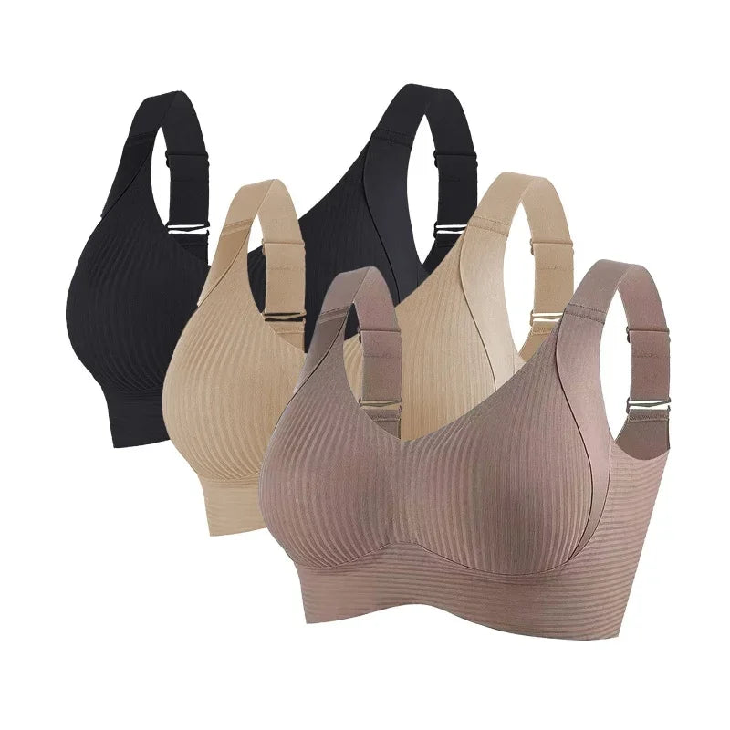 3-Piece Wireless Push-Up Bra Set with Ribbed Texture, V-Neck Design and Adjustable Straps